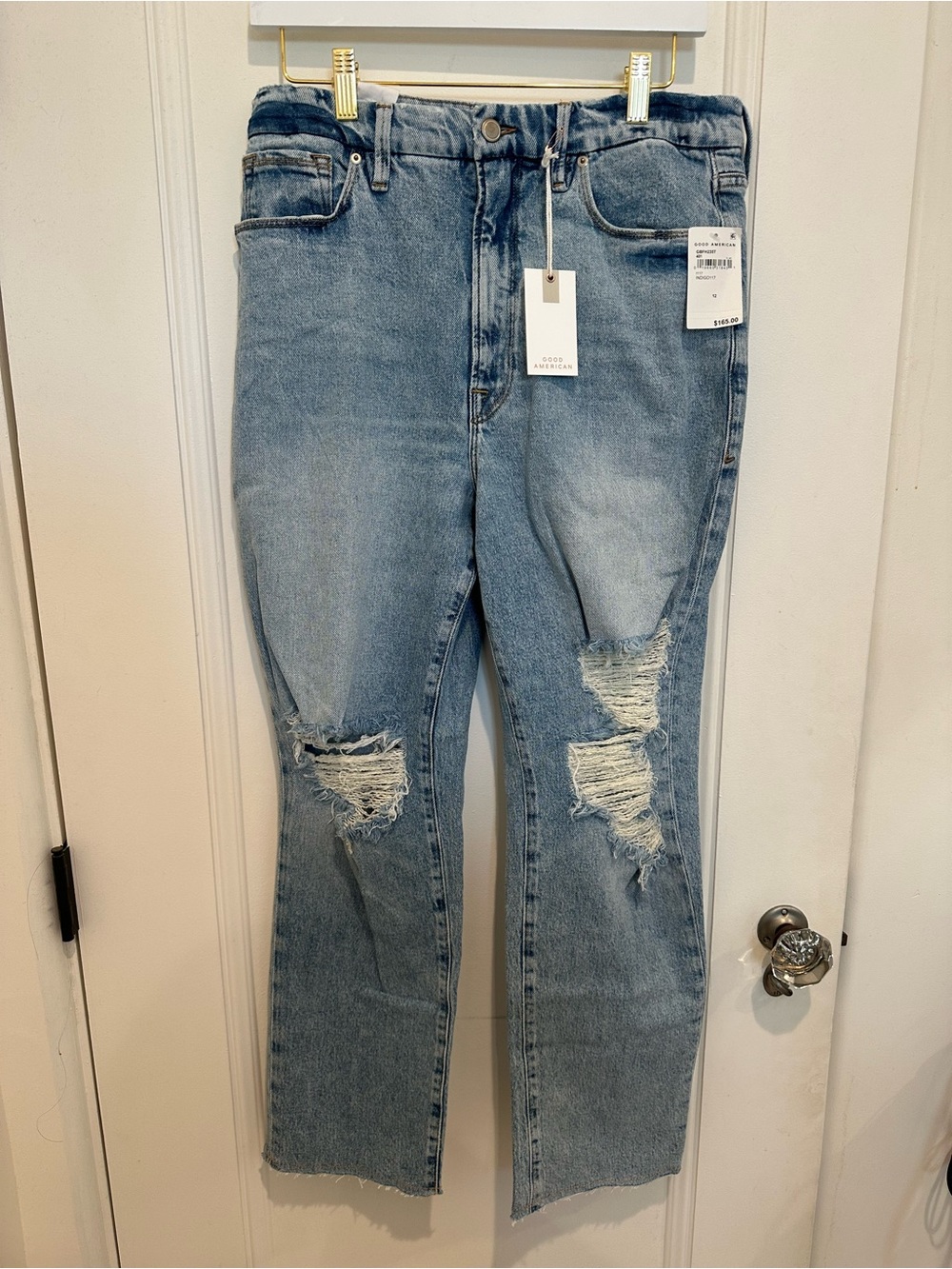 Good American Light Blue Ripped Straight Leg Jeans